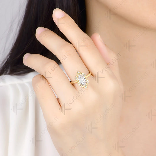 Kuololit 2.5CT Elonged Hexagon Cut Custom Ring for Women Solid 14K 10K 585 Yellow Gold Engagement Ring for Christmas Gift Party
