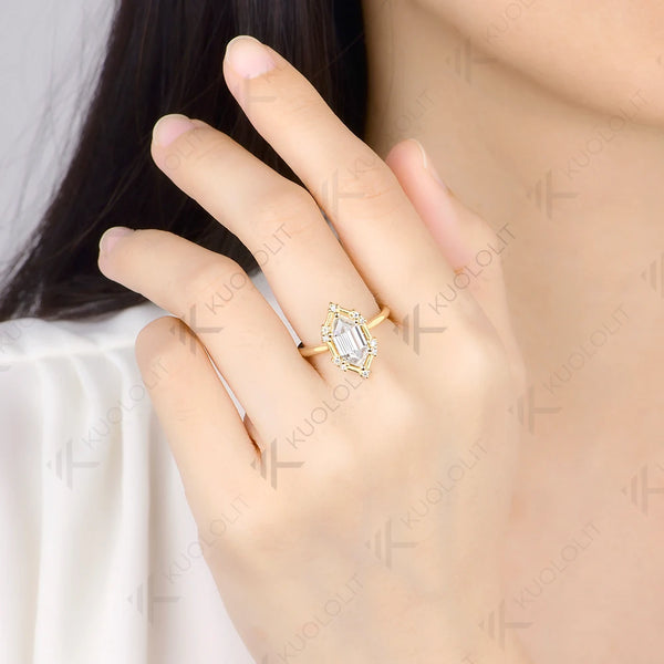 Kuololit 2.5CT Elonged Hexagon Cut Custom Ring for Women Solid 14K 10K 585 Yellow Gold Engagement Ring for Christmas Gift Party