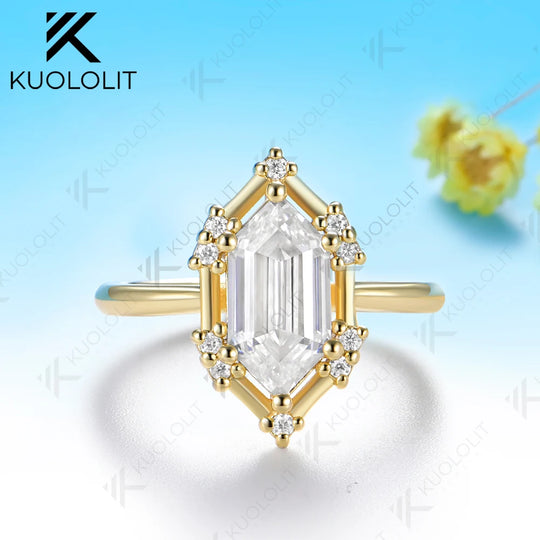 Kuololit 2.5CT Elonged Hexagon Cut Custom Ring for Women Solid 14K 10K 585 Yellow Gold Engagement Ring for Christmas Gift Party