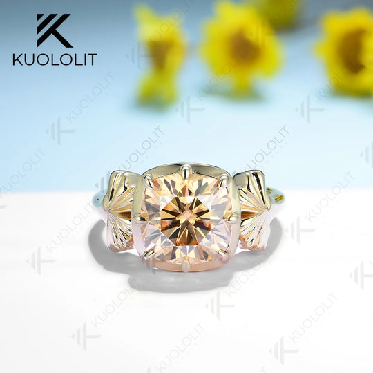 Kuololit 3.5ct Champagne Moissanite Ring for Women 585 14K 10K Yellow Gold Cushion Solitaire Halo Ring for Engagement Christmas