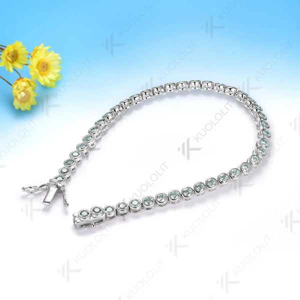 Kuololit Champagne Cyan Moissanite Round 3.0mm Tennis Bracelet for Women Solid 14K 10K 585 White Gold Bracelet for Engagement Christmas Gift