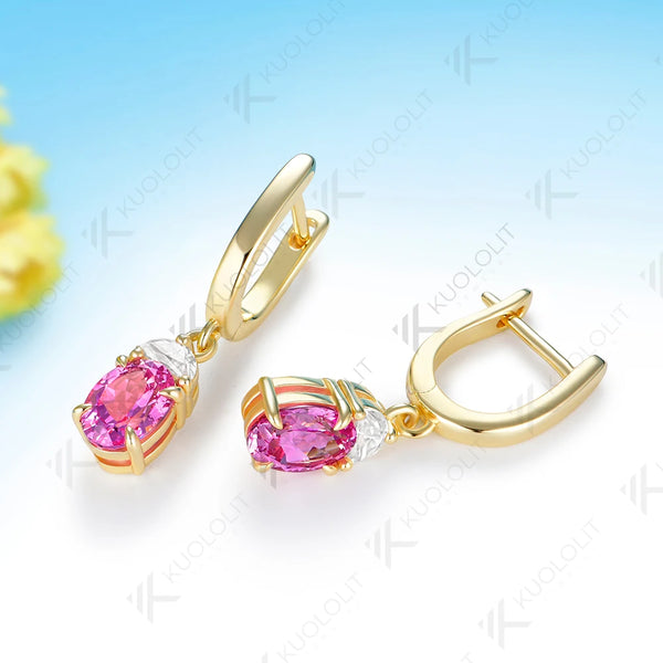 Kuololit 3CTW Lab Grown Pink Sapphire Custom Stud Earrings for Women Solid 14K 10K 585 Yellow Gold Oval Cut for Christmas Gifts