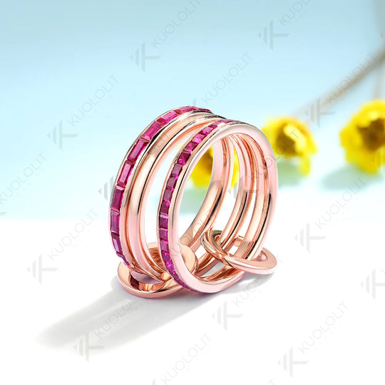 Kuololit 4.6CTW Lab Grown Ruby Stackable Engagement Rings for Women Solid18K14K 585 Rose Gold Bezel Set Band for Christmas Gifts