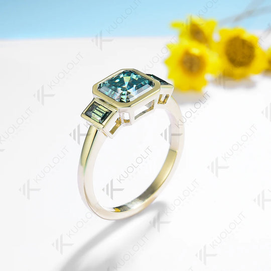 Kuololit 2CT Cyan Moissanite Rings for Women Solid 14K 10K 585 Yelllow Gold Asscher Ring for Engagement Anniversary Engagement
