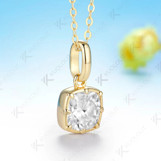 Kuololit 2.5CT Cushion Cut Moissanite Necklace for Women Solid 585 14K 10K Yellow Gold Cushion Necklace for Christmas Gift Party