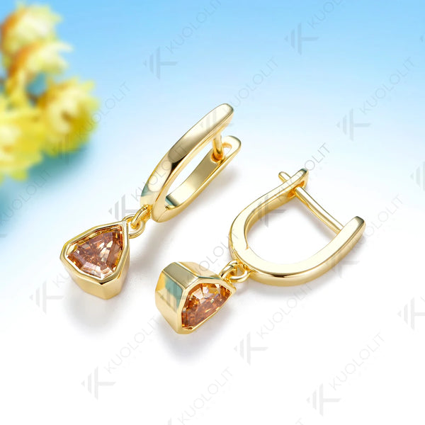 Kuololit 2CT Champagne Moissanite Earrings for Women Solid 14K 10K Yellow Gold Shield Cut Earrings for Christmas Gifts Party