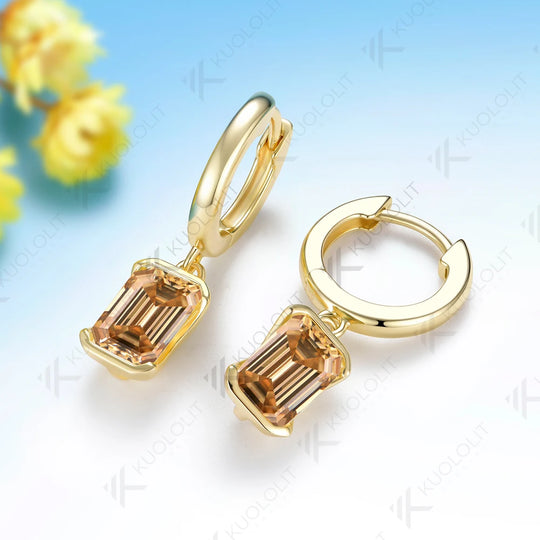 Kuololit 5CTW Champagne Moissanite Clip Earring for Women Solid 14K 10K Yellow Gold Emerald Cut Earring for Christmas Gift Party