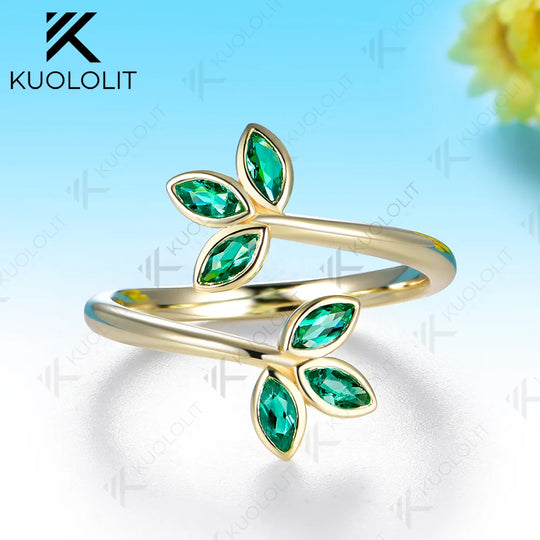 Kuololit Lab Grown Emerald Leaf Custom Ring for Women Solid 14K 10K 585 Yellow Gold Engagement Ring for Christmas Gift Party