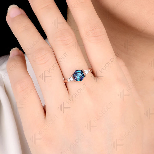 Kuololit 2CT Hexagon Lab Grown Alexandrite Ring for Women Solid 585 10K 14K Yellow Gold for Wedding Engagement Christmas Gifts
