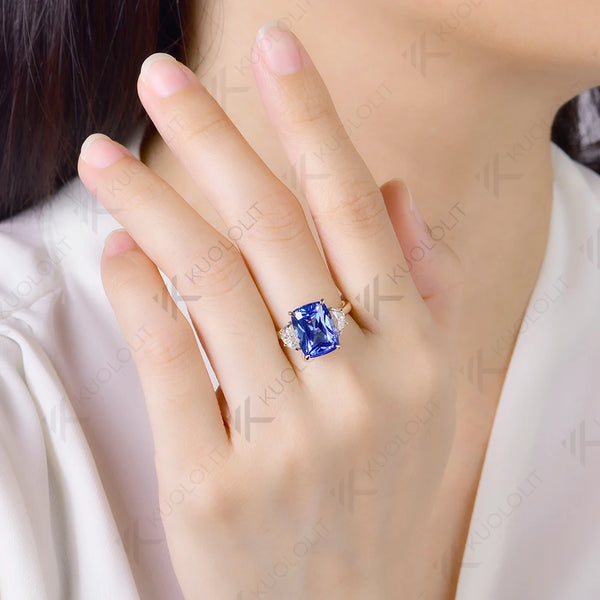 Kuololit 7.5CT Lab Grown Sapphire Moissanite Custom Ring for Women Solid 14K 10K Yellow Gold for Anniversary Christmas Gifts