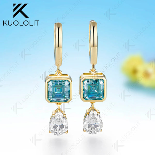 Kuololit 6.5CTW Cyan Moissanite Pear Asscher Cut Custom Earrings for Women Solid 14K 10K Yellow Gold Hoop Earrings for Christmas