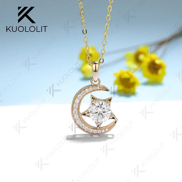 Kuololit 1.2CT Moon Star Moissanite Necklace for Women Solid 10K 14K 18K 925 Sliver Moissanite Pendant for Engagement Christmas