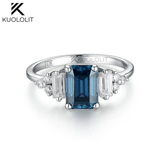 Kuololit 1CT Emerald Cut Blue Moissanite Ring for Women Solid 14K 10K White Gold