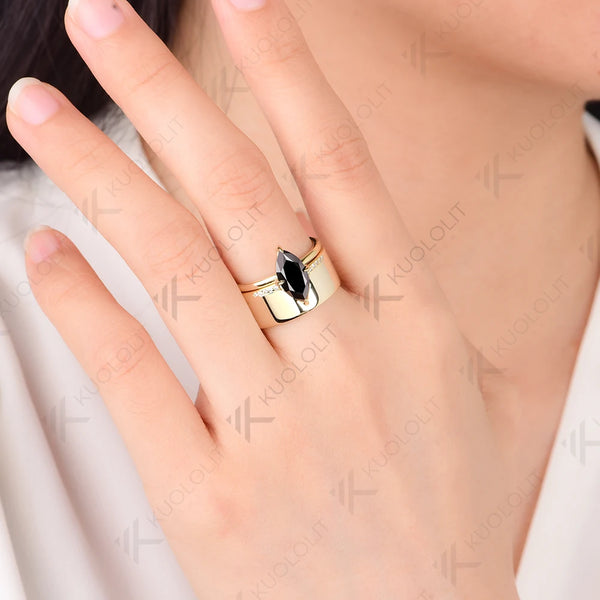 Kuololit 2CT Marquise Cut Black Moissanite Engagement Set Ring for Women Solid 18K 14K 585 Yellow Gold Bands Ring for Christmas