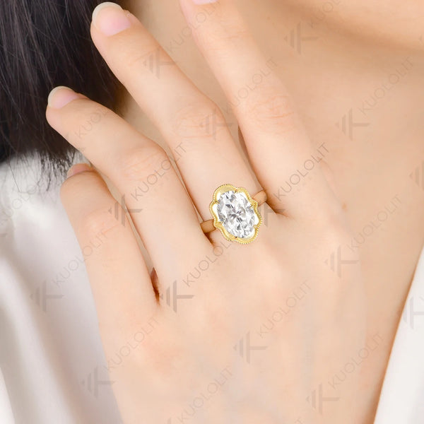 Kuololit 6CT Oval Cut Moissanite Custom Ring for Women Solid 14K 10K 585 Yellow Gold Engagement Ring for Christmas Gifts Party