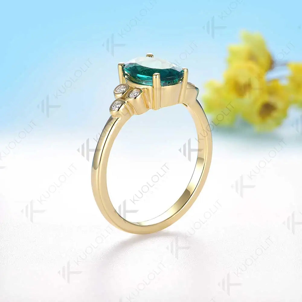 Kuololit 3ct Lab Grown Emerald with Moissanite Ring for Women Solid 18K 14K 10K 585 Yellow Gold Ring for Anniversary Christmas