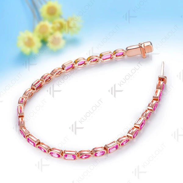 Kuololit 10CTW Lab Grown Pink Sapphire Custom Bracelet for Women Men 14K 10K 585 Yellow Gold Custom Bracelet for Christmas Gifts