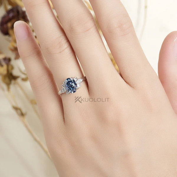 Kuololit  2CT Oval Dark Blue Moissanite Engagement Ring for Women Solid 14K 10K White Gold