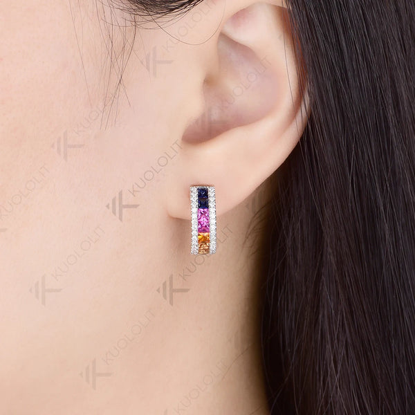 Kuololit 2.8CTW Lab Grown Rainbow Sapphire Stud Earrings for Women Solid 14K10K 585 White Gold Luxury Earring for Christmas Gift