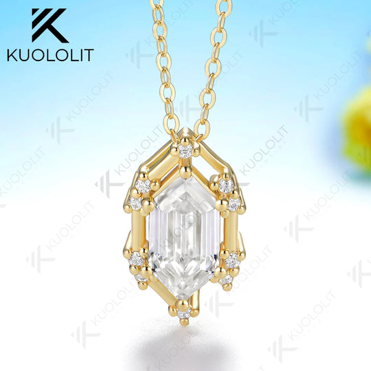 Kuololit 2.5CT Elonged Hexagon White Champagne Moissantie Necklace for Women Solid 585 14K 10K Yellow Gold Custom Necklace for Christmas Gifts