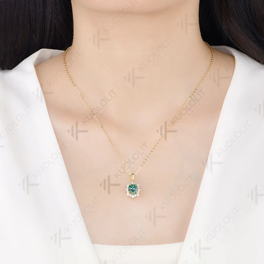 Kuololit 2CT Cyan moissanite Custom Necklace for Women Solid 585 14K 10K Yellow Gold Oval Necklace for Christmas Gifts Party