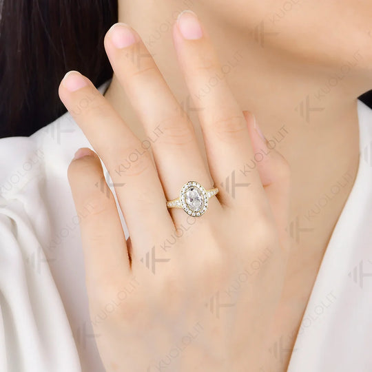 Kuololit 1.5CT OMC Oval Moissanite Custom Ring for Women Solid 14K 10K Yellow Gold Engagement Ring for Anniversary Christmas