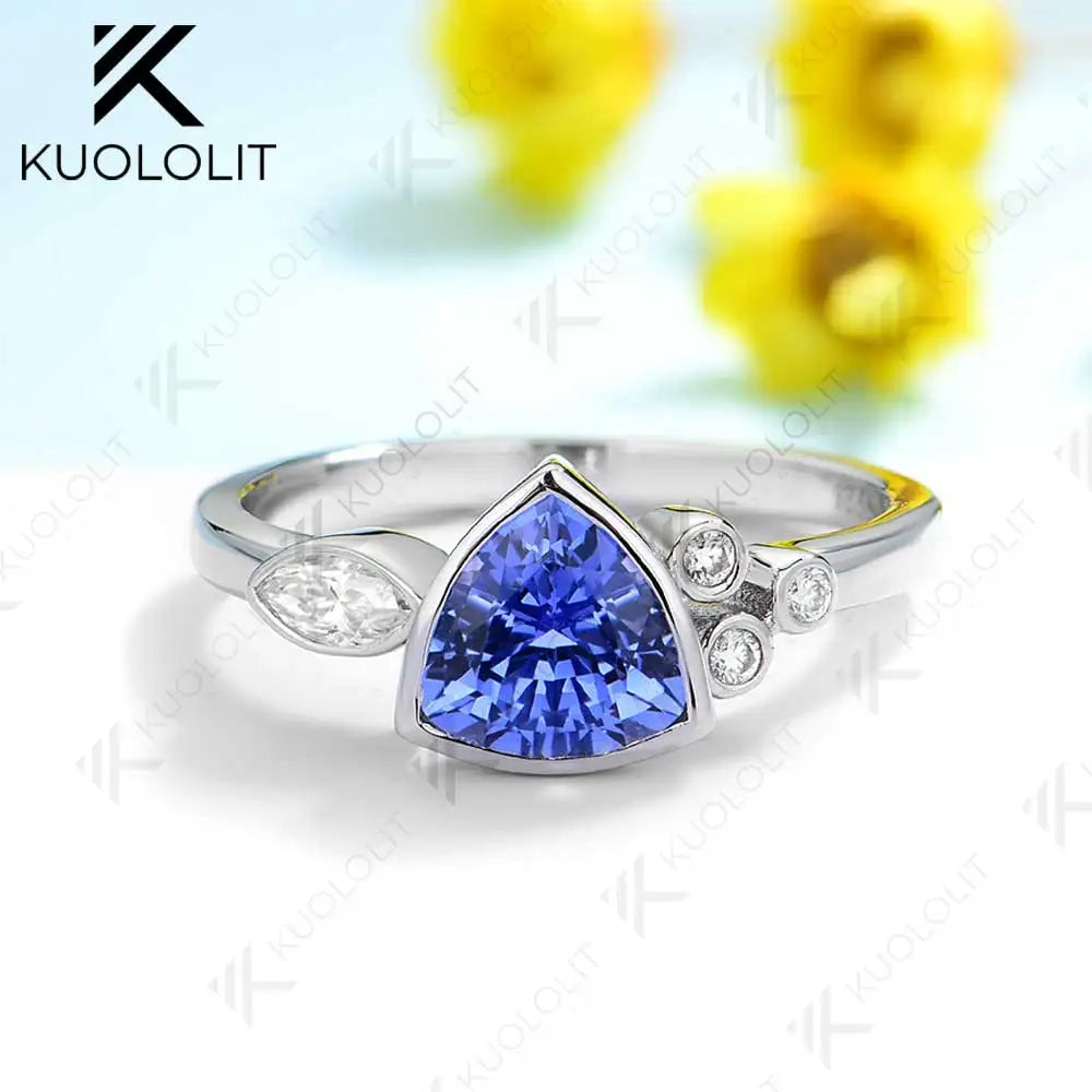Kuololit 1.2CT Lab Grown Blue Sapphire Jellyfish Ring for Women Solid14K 10K 585 Yellow Gold Moissanite Ring for Christmas Gifts