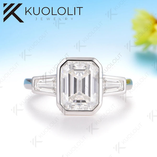 Kuololit 3CT Emerald Cut Cyan Moissanite Engagement Ring for Women Solid 14K 10K 585 Yeollw Gold Ring for Christmas Gifts Engagement