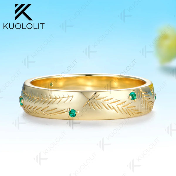 Kuololit 0.1CTW Lab Grown Emerald Band Custom Ring for Women Solid 14K 10K 585 Yellow Gold Leaf Ring for Christmas Gifts Party