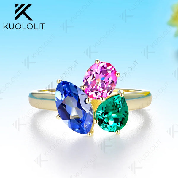 Kuololit Lab Grown Blue Sapphire Emerald Gemstones Custom Ring for Women Solid 14K 10K 585 Yellow Gold for Christmas Gifts Party