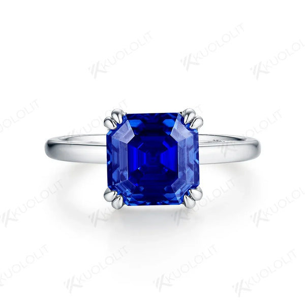 Kuololit Lab Grown Sapphire Moissanite Rings for Women Solid 18K 14K White Gold Asscher Cut Hiden Halo for Engagement Wedding