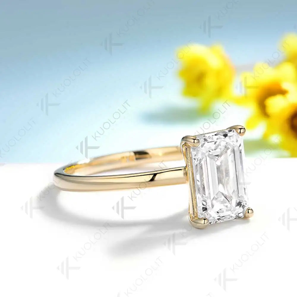 Kuololit 3.5CT Moissanite Emerald Cut Ring for Women Solid 18K 14K 10K Yellow Gold Engagement Ring for Christmas Gifts Party