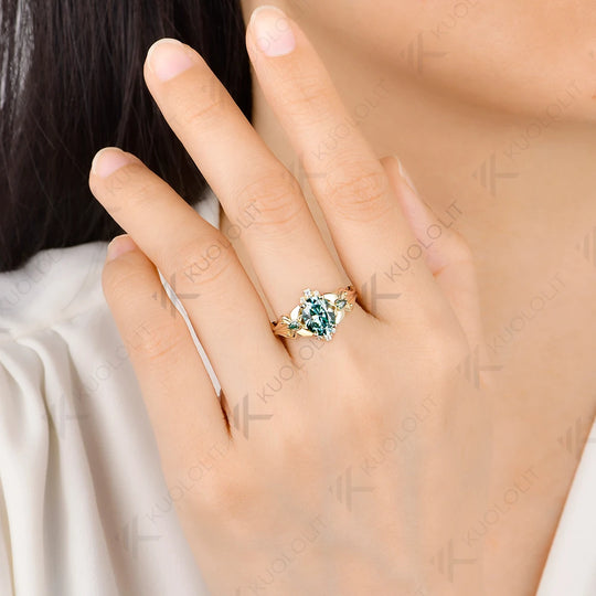 Kuololit 2CT Cyan Oval Moissanite Custom Ring for Women Solid 14K 10K  Yellow Gold Ring for Anniversary Christmas Gift