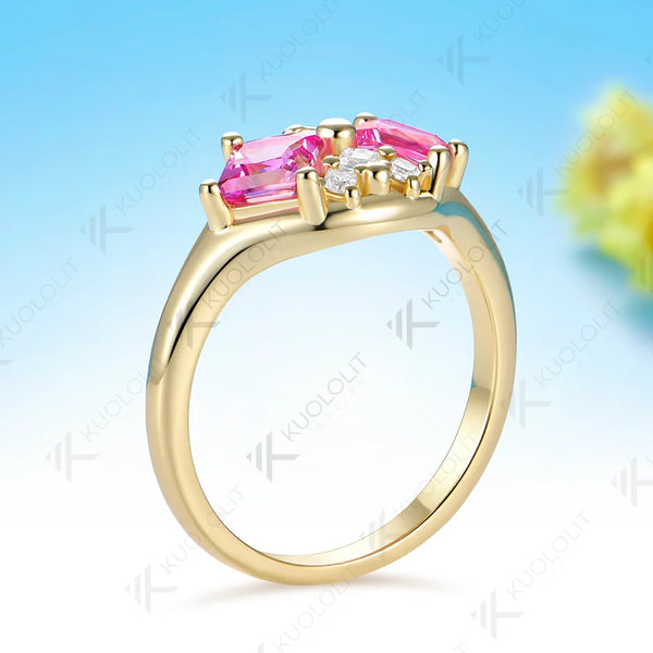 Kuololit 1.6CTW Lab Pink Sapphire Princess Cut Moissanite Custom Ring for Women Solid 14K 10K 585 Yellow Gold for Christmas Gift