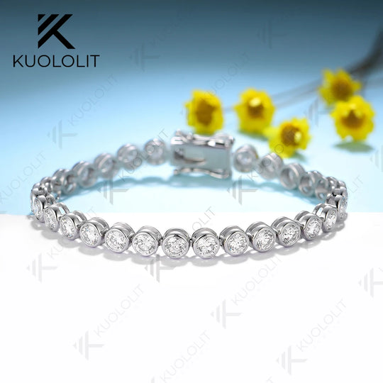 Kuololit 10.5CTW Moissanite Bezel Set Tennis Bracelet for Women Pure 18K 14K 10K Gold Bracelet for Anniversary Engagement Gifts