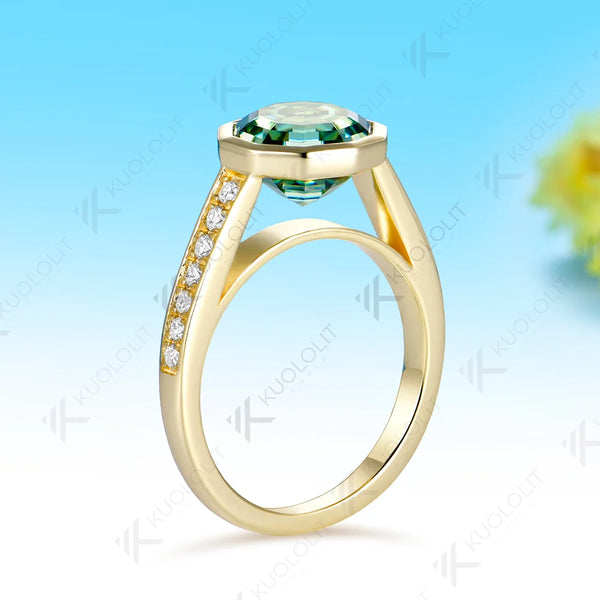 Kuololit 3.5CT Cyan Moissanite Decagon Cut Custom Ring for Women Solid 14K 10K 585 Yellow Gold for Christmas Gifts Party