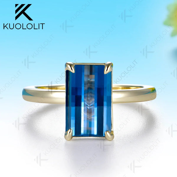 Kuololit 4.5CT Teal Blue Lab Grown Gemstone Unique Grid Unique Cutting Custom Ring for Women Solid 14K 10K 585 for Christmas