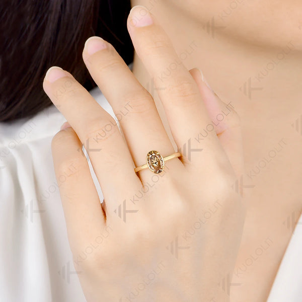 Kuololit 1.8CT Champagne Moissanite Ring for Women Solid 14K 10K Yellow Gold Engagement Oval Cut for Christmas Gifts Party