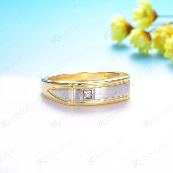 Kuololit Lab Diamond Brushed Band for Men Women Solid  14K10K Two Tone Gold Ring 925 Sliver Round Cut For Wedding Christmas Gift