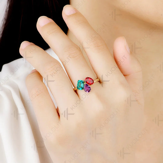 Kuololit 3CTW Lab Grown Emerald Ruby and Natural Amethyst Rings for Women Solid 14K 10K 585 Yellow Gold for Christmas Engagement