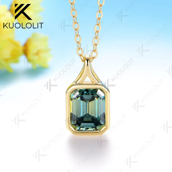 Kuololit 3CT Cyan Moissanite Lab Grown Emerald Necklace for Women Solid 14K 10K 585 Yellow Gold Emerald Cut Pendant for Christmas Gift Anniversary