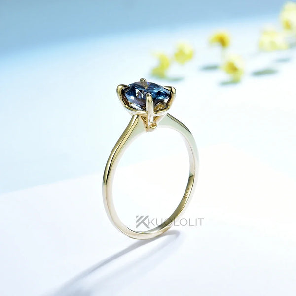 Kuololit 1.5CT Oval Dark Blue Moissanite Ring for Women Solid 14K 18K Yellow Gold