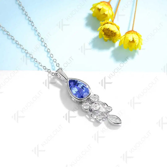 Kuololit 1.6CT Lab Grown Blue Sapphire and Moissanite Necklace for Women Solid 18K 14K 10K 585 Yellow Gold Pendant for Christmas