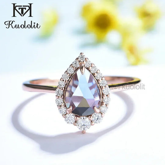 Kuololit Alexandrite Moissanite 14K 10K 585 Rose Gold Ring for Women 1.5CT Pear Cut Luxury Ring for Engagement Party Christmas