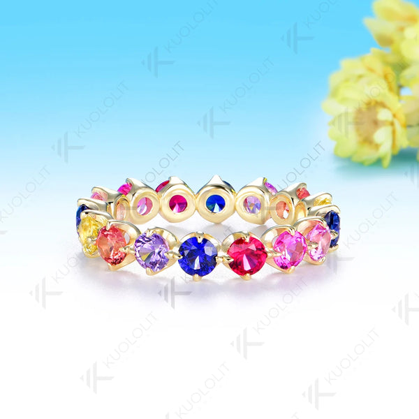 Kuololit Lab Grown Rainbow Sapphire Custom Ring Band for Women Solid 14K 10K 585 Yellow Gold Eternity Full Band for Christmas Gifts