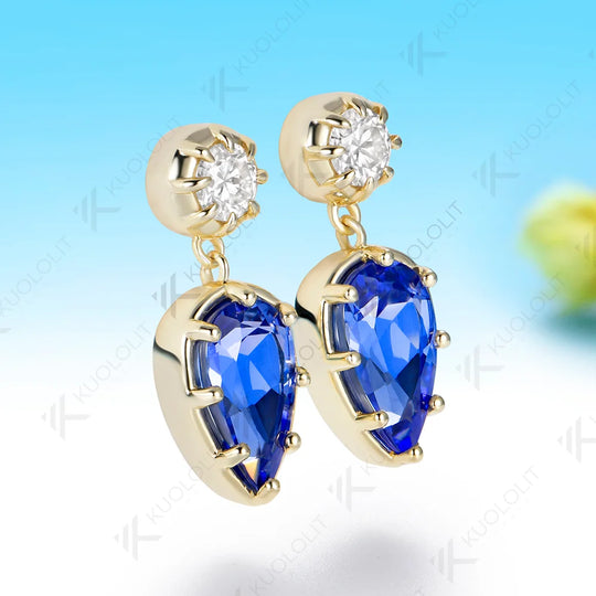 Kuololit 4.6CTW Lab Grown Blue Sapphire Custom Stud Earrings for Women Solid 14K 10K 585 Yellow Gold Pear Cut for Christmas Gift