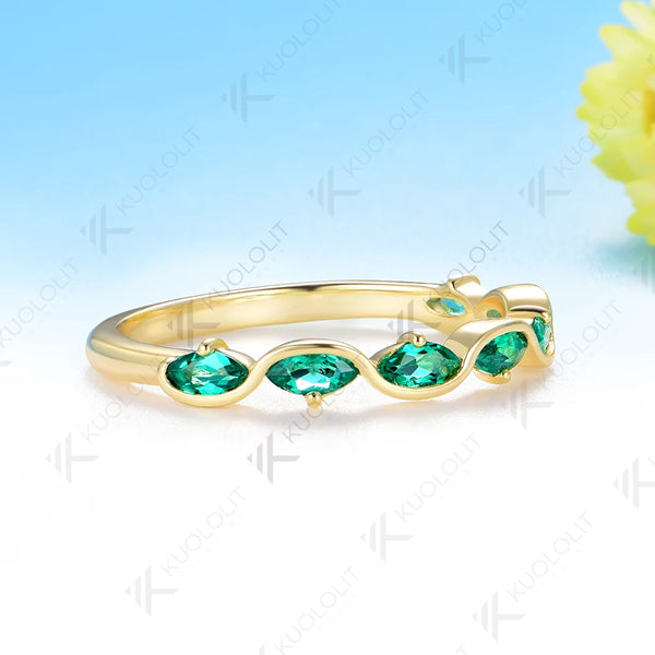Kuololit 0.7CTW Lab Grown Eemrald Ring for Women Solid 14K 10K 585 Yellow Gold  Eternity Half Band for Christmas Gifts Party