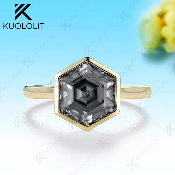 Kuololit 4CT Grey Moissanite Hexagon Cut Custom Set Ring for Women Solid 14K 10K 585 Yellow Gold Ring for Christmas Gifts Party