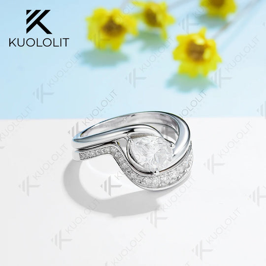 Kuololit 1.25CT Pear Cut Moissanite Set Rings for Women Solid14K 10K 18K 585 Gold Engagement Rings for Party Anniversary Gifts