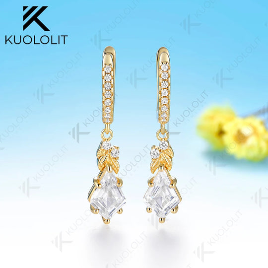 Kuololit 4CT Kite Cut Moissanite Earring Clip Earrings for Women Solid 14K 10K 585 Yellow Gold Clip Earrings for Christmas Gifts